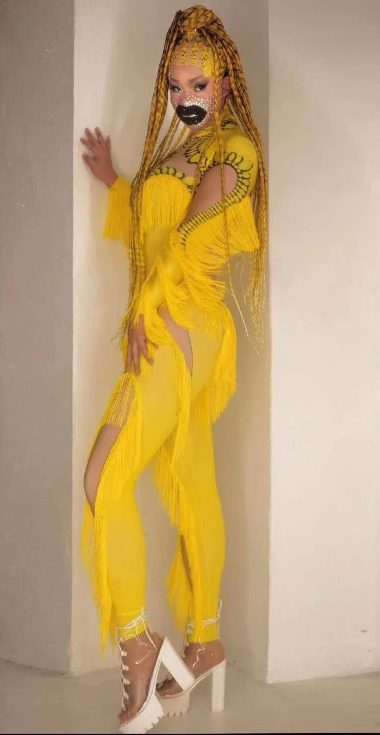New Yellow Tassel Jumpsuit Women Long Sleeve Spandex Skinny Fringe Leotard Sexy Stage Wear DJ Singer Dancer Party Show Costume