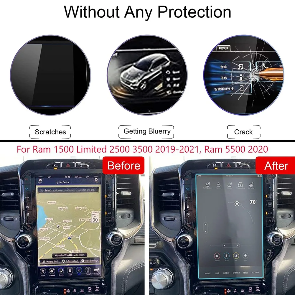 

Для Dodge Ram 1500 2500 3500 2019 2020 2021 12-дюймовый автомобильный навигационный сенсорный экран, защитная пленка из закаленного стекла