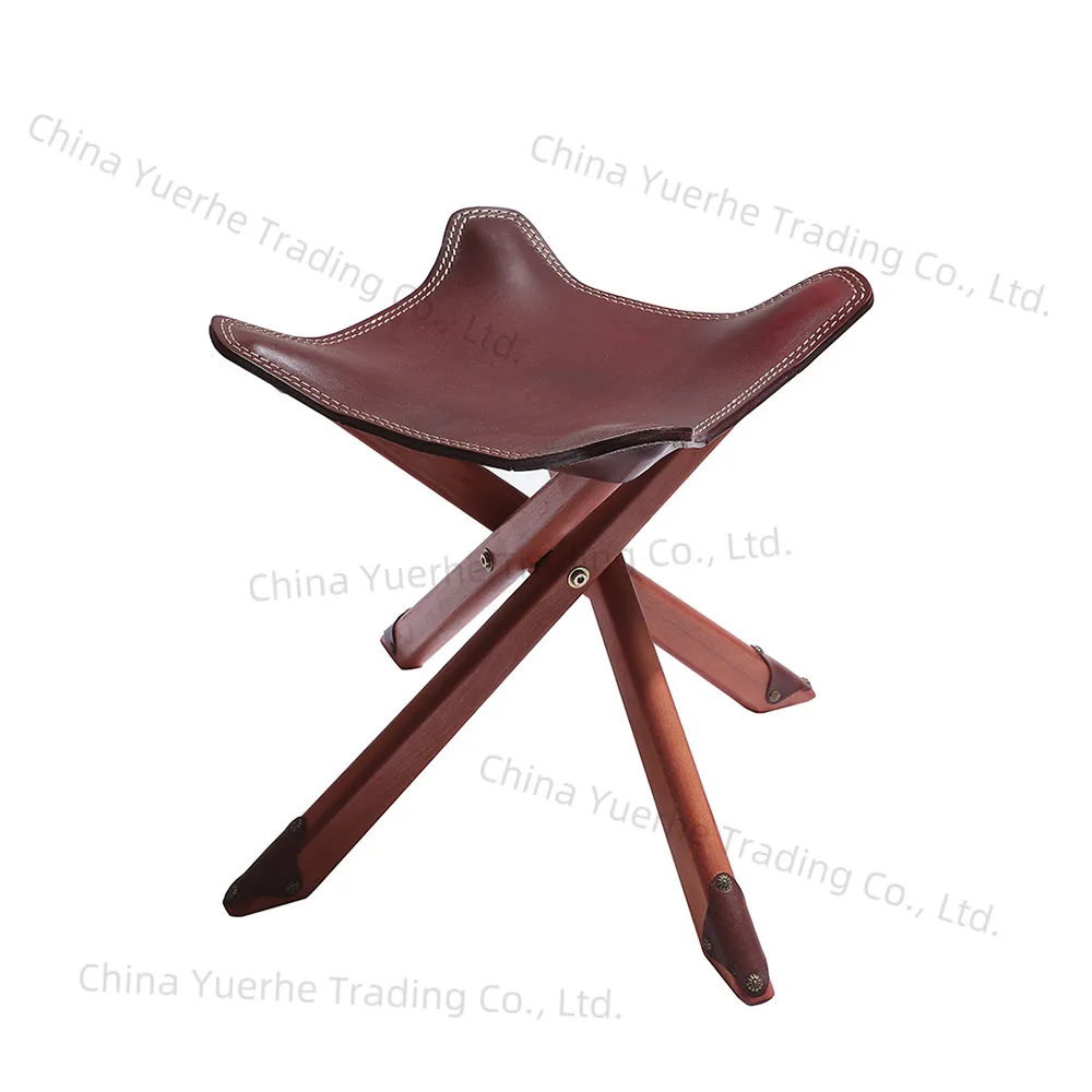 

Vegetable tanned leather handmade folding chair stool removable portable solid wood camping leather outdoor chair small horse