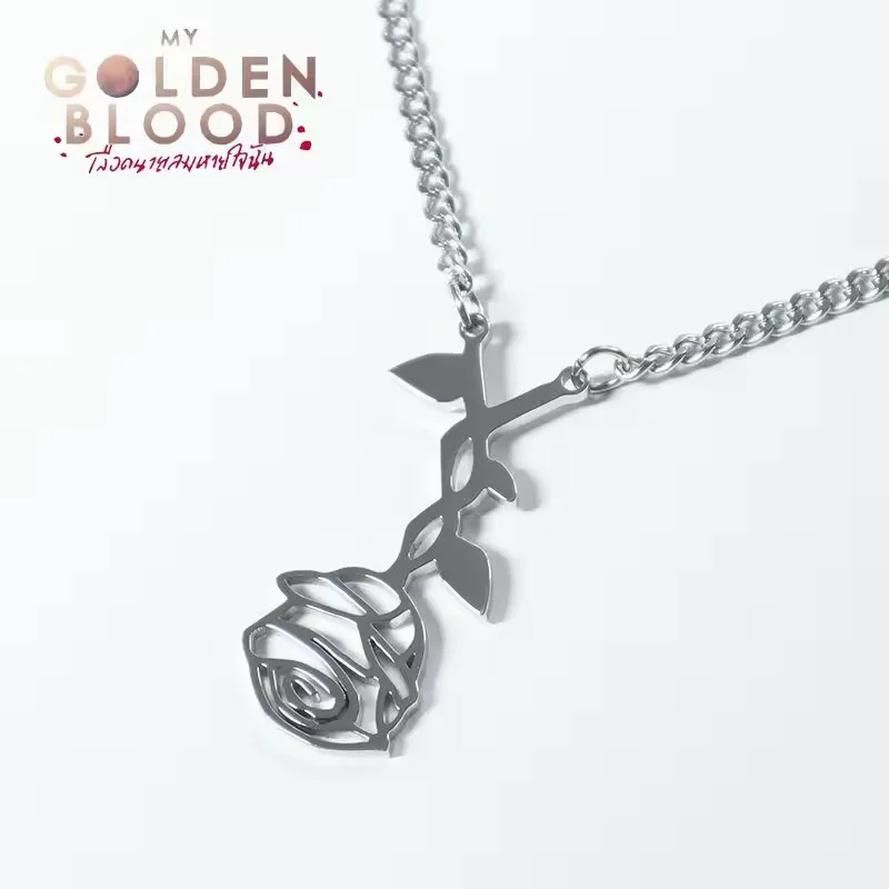Thai TV Series My Golden Blood JossGawin Cosplay Necklace Unisex Titanium Steel Rose Pendant Choker Chain Jewelry Accessories