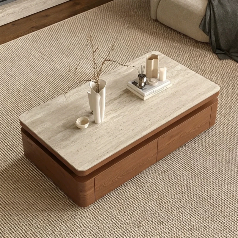 Modern travertine rock slab rectangular coffee table with lamp storage simple solid wood edge side tables living room furniture