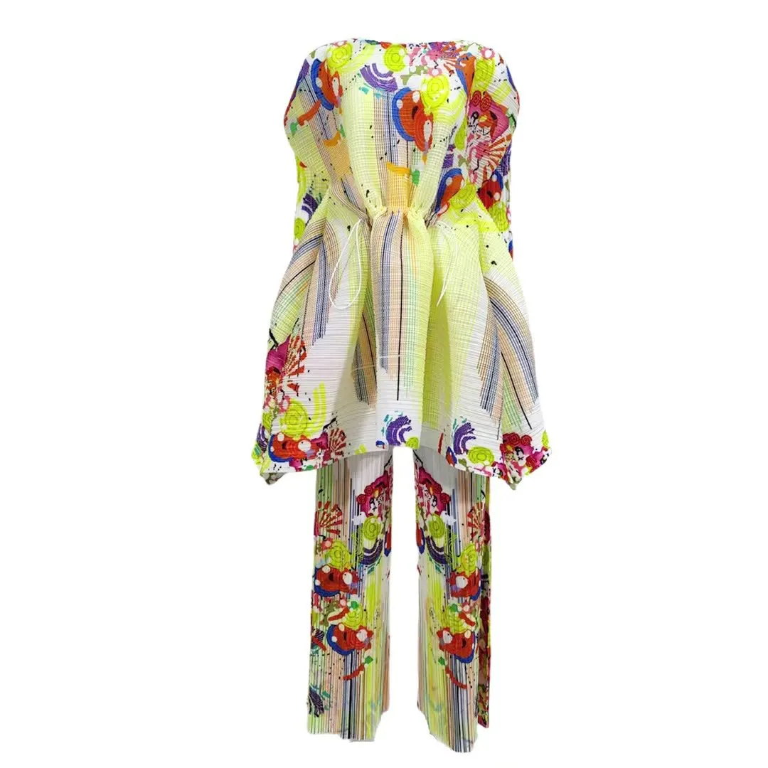 

2025 New Top Quality ISSEYS MIYAKES Set Fashion Printed Pleated Drawstring Top Long Pants Women's Two Piece Set