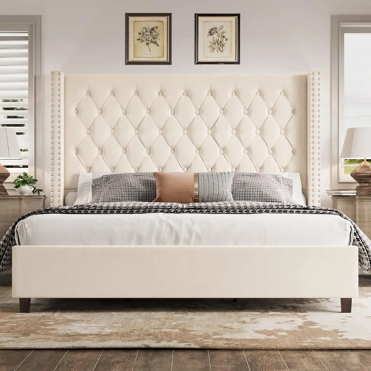 Platform Bed Frame 61.4" Handmade Headboard Velvet Tall Upholstered Bed Deep Button Tufted/No Box Spring Required/Wood Slat