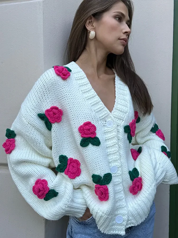 2024 Elegant Woman's 3d Rose Blossom Knitted Cardigan Fashion Handmade Slim White Sweater New Lady Autumn/winter Daily Clothing