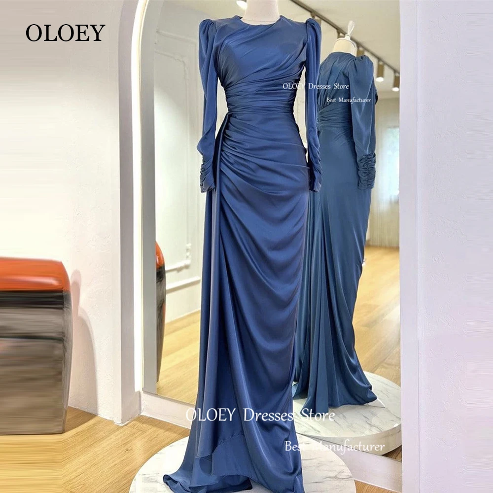 OLOEY Modest Dusty Blue Satin Evening Dresses Dubai Arabic Women O-Neck Long Sleeves Pleats Formal Prom Gowns Special Occasion