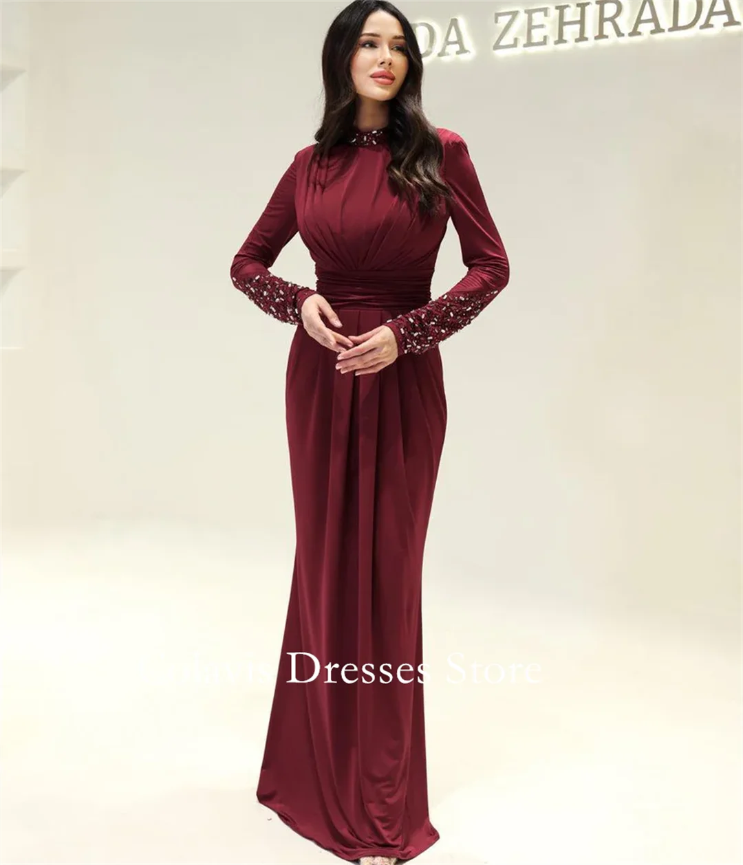 

2025 Customized High Neck Long Sleeves Mermaid Burgundy Prom Dresses Evening Dress Women Evening Gowns Formal Party Dress