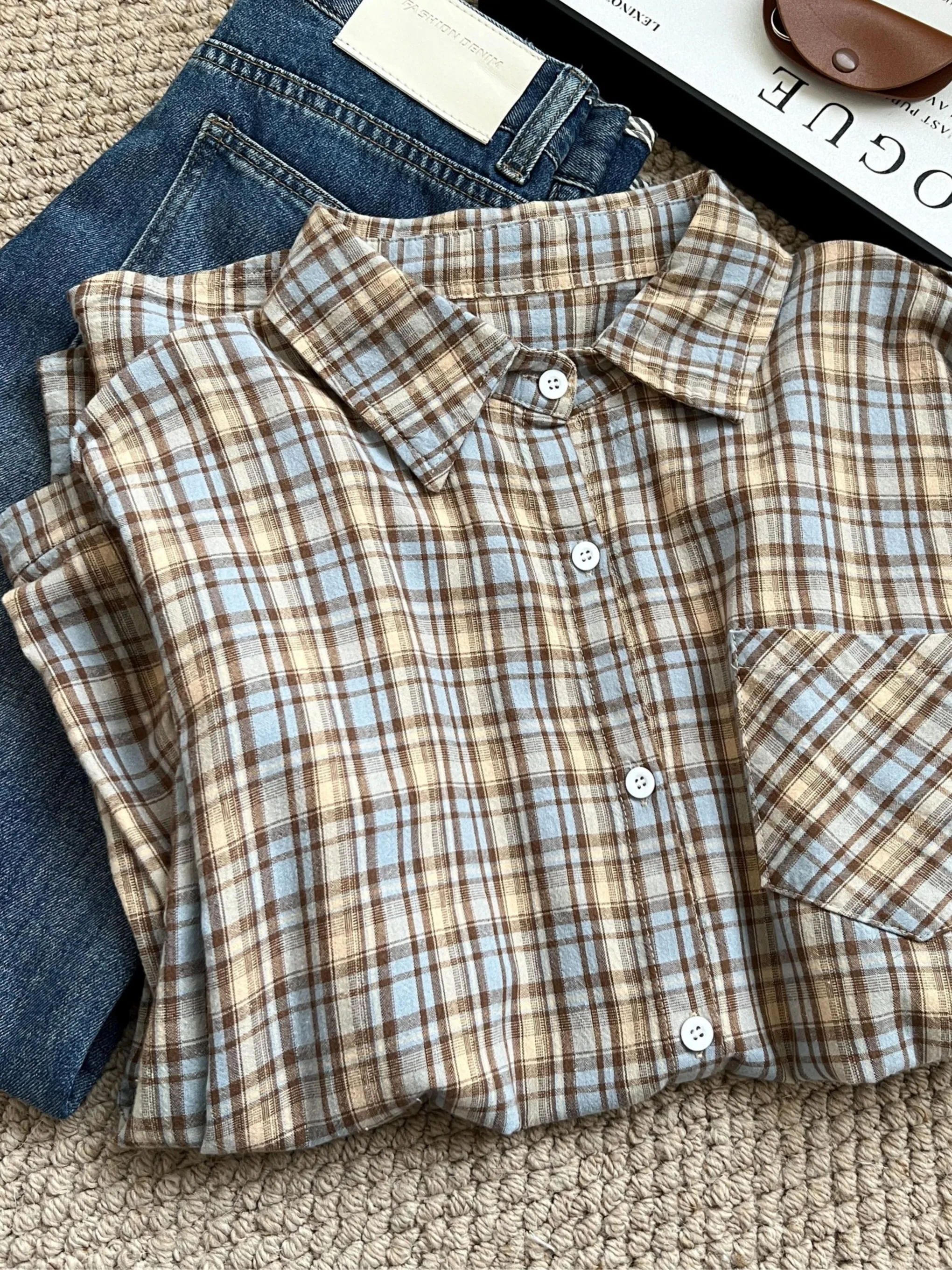 

2026 Spring Summer Plaid irt Women's American Retro Lazy Sle Loose Casual Long Sve Top Coat Breathable Polyester Cotton