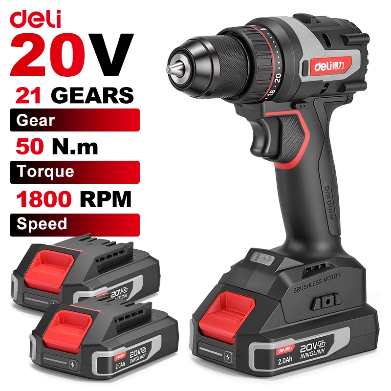 Deli 20V Brushless Cordless Drill 50N·m Torque 21-Gear Adjustable 2-Speed Electric Screwdriver with 2 Batteries for Home DIY