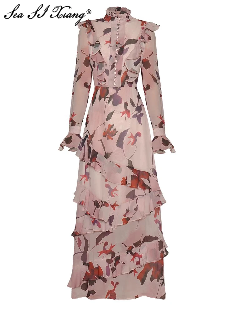 

Seasixiang Fashion Designer Spring Long Dress Women Stand Collar Flare Sleeve Ruffles Floral Print Vintage Desses