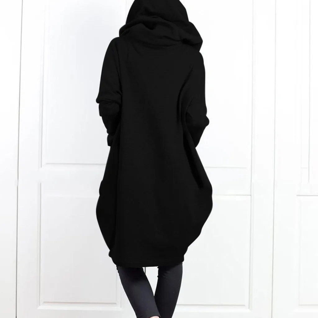 Damen-Kapuzenpullover mit Taschen, Reißverschluss, mittellanger, lockerer Mantel, zweiteiliger Look, lässige Oberbekleidung – Detail 4