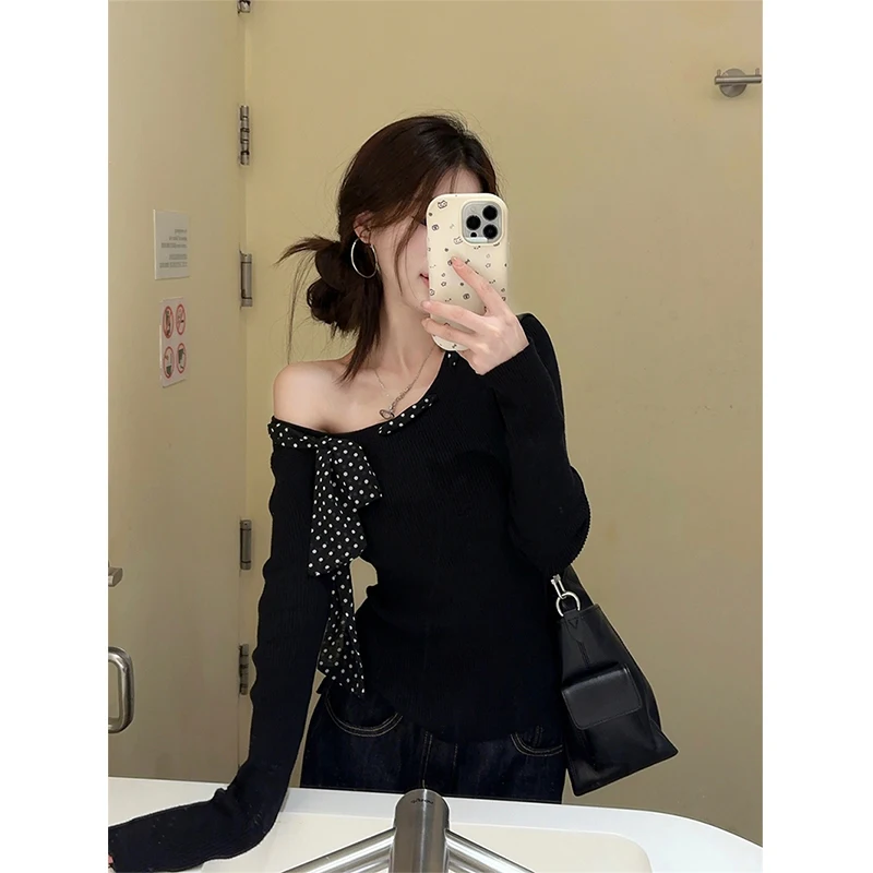 Y2K Black Sweater Women Sexy Off Shoulder Knitted Pullovers Korean Aesthetic Polka Dot Bandage Knitwear Long Sleeve Jumpers Tops