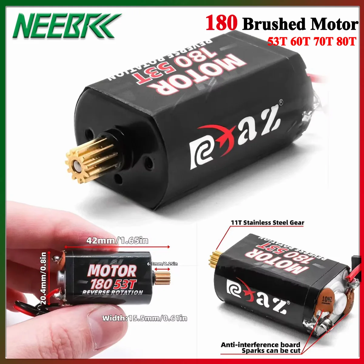 NEEBRC 180 53T 60T 70T 80T Motor cepillado 11T piñón engranaje de Motor para 1/18 coche trepador de control remoto Monster Climb TRX4M TRX4-M piezas de mejora
