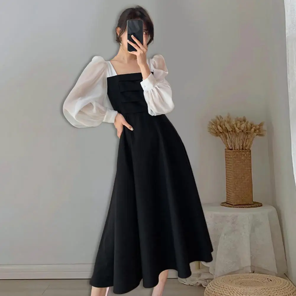 Mn-Robe mi-mollet à col carré pour femme, robe de rencontre, manches lanterne, longueur automne