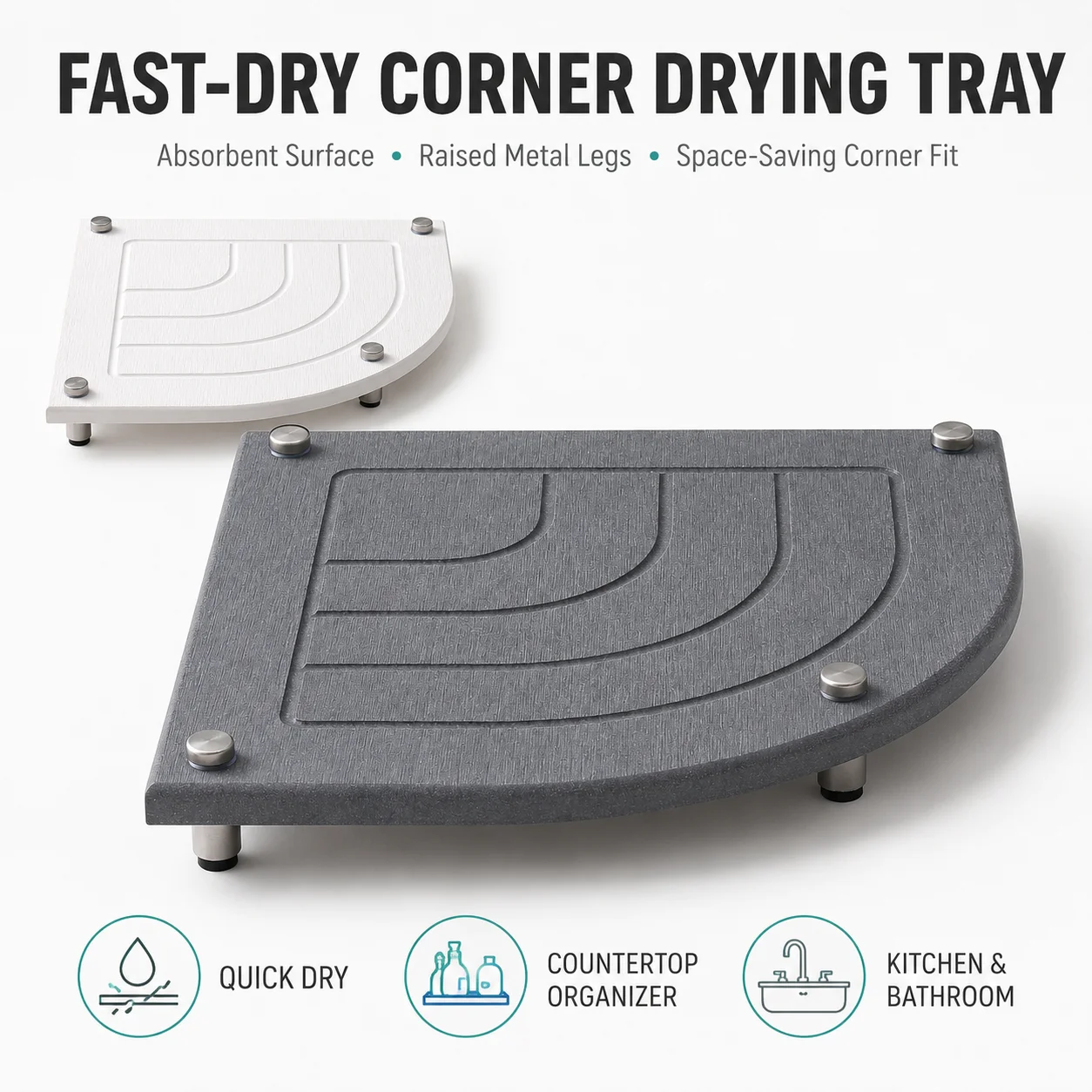 Diatomaceous Earth Sink Caddy Corner Fan Shaped Stone Drying Mat With Metal Feet For Bathroom Kitchen Countertops