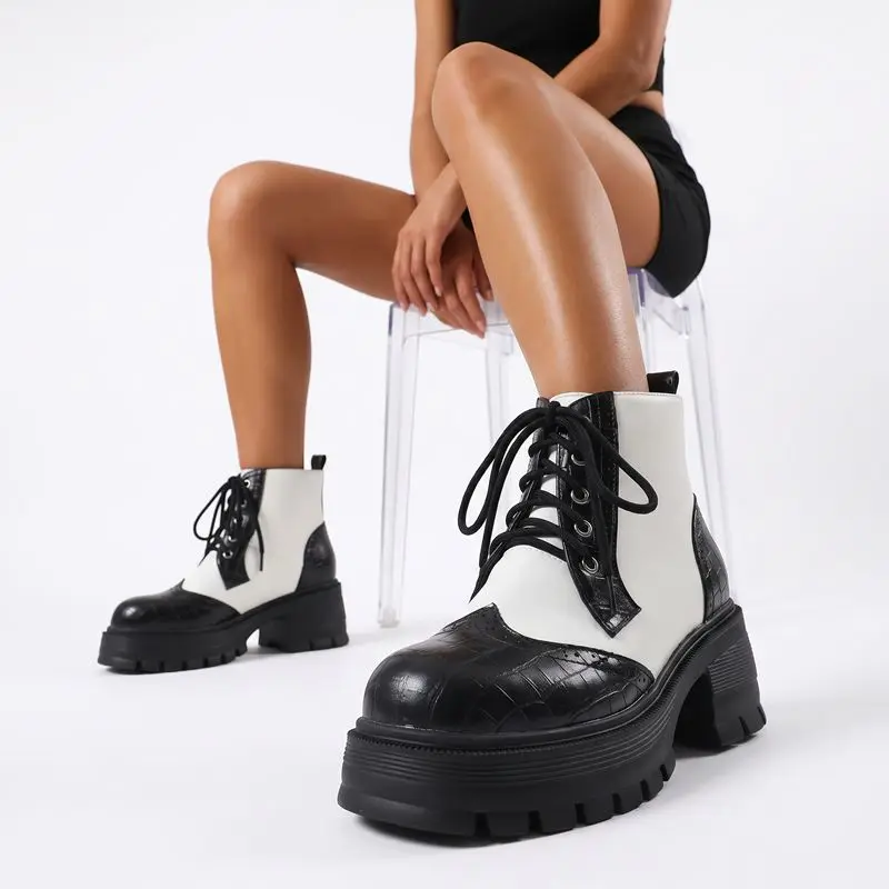 SIMLOVEYO Ladies Ankle Boots Round Toe 6cm Chunky Heel 35mm Platform Lacing Colorful Large Size 41 42 43 Casual Botas Comfort