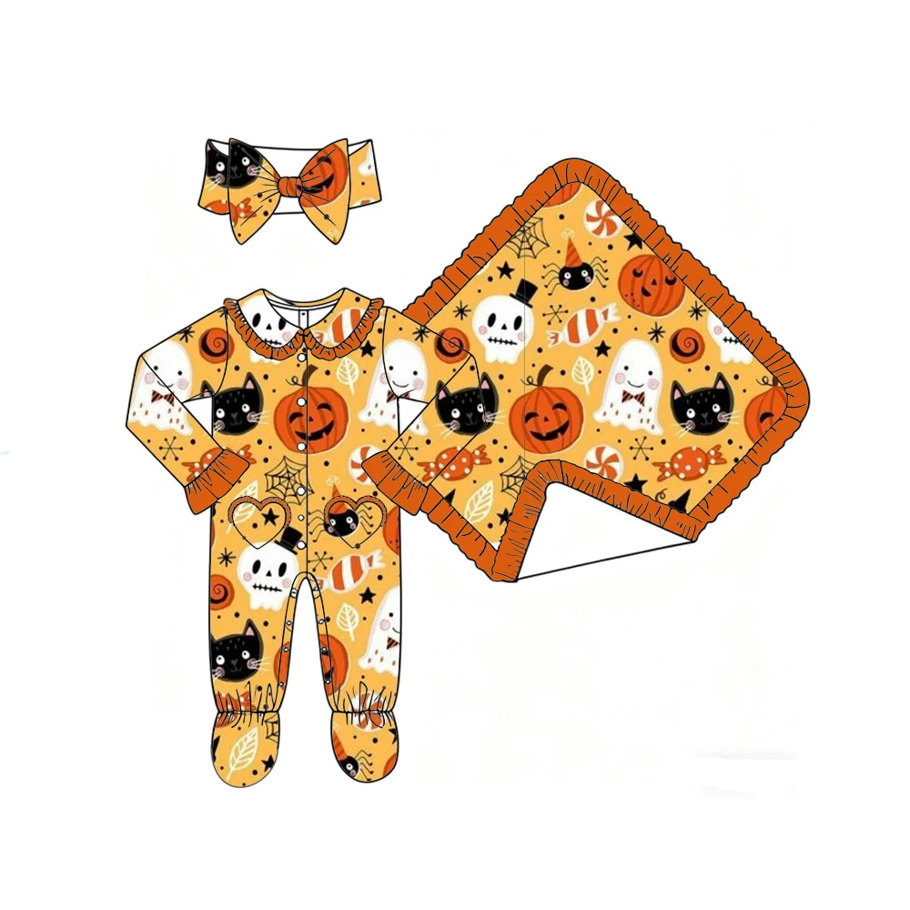 Boutique Girls' Blanket and Romper Lapel Ruffle Buttons Love Pocket Binding Feet Halloween Pumpkin Print Custom Patterns