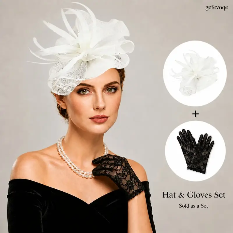 2Pcs Womens Fascinator Hat Lace Gloves Set for Tea Party Derby Wedding