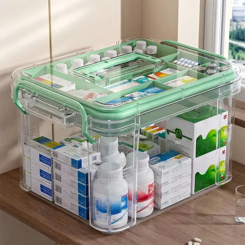 Boîte de rangement transparente pour organisateur de médicaments, avec plateau, coffre épais pour conteneur de médicaments, étui médical polyvalent avec étiquettes
