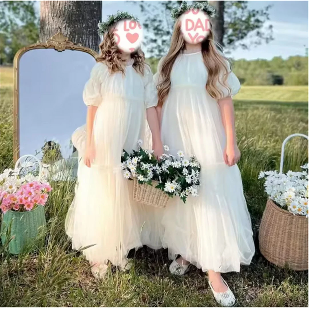 Customized Flower Girl Dress Ivory Tulle Tiered Half Sleeve For Wedding Birthday Party Banquet Holy Communion Gowns