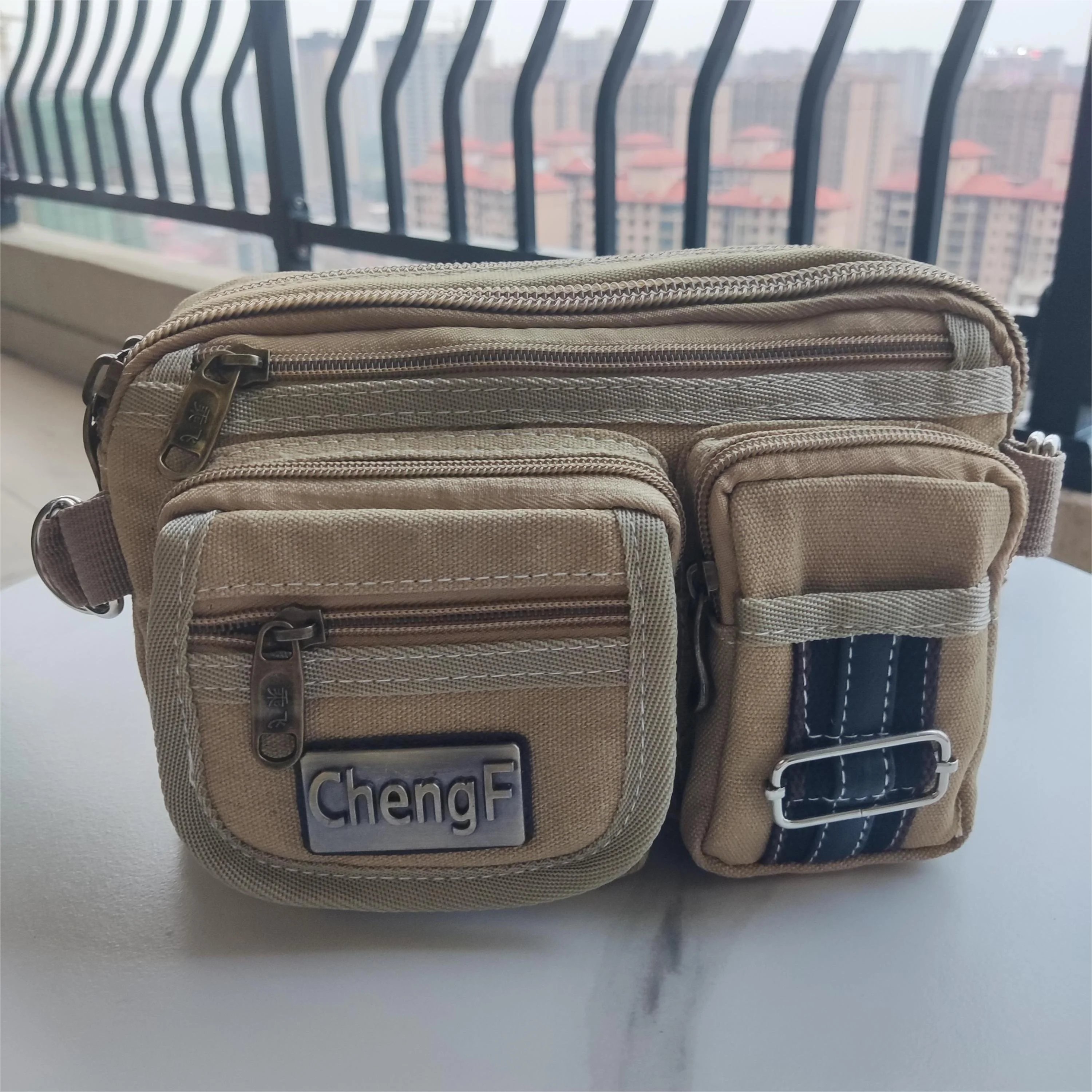 Vintage Canvas Bauchtasche mit mehreren Reißverschlusstaschen, verstellbarem Riemen, lässige Outdoor-Reise- und Fahrradtasche für Herren, für den täglichen Gebrauch – Detail 14
