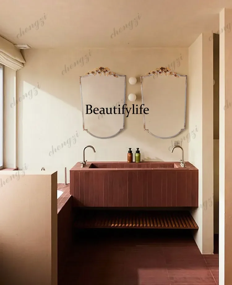 D136 French retro old metal full-body full-length mirror floor decorative mirror bathroom makeup mirror