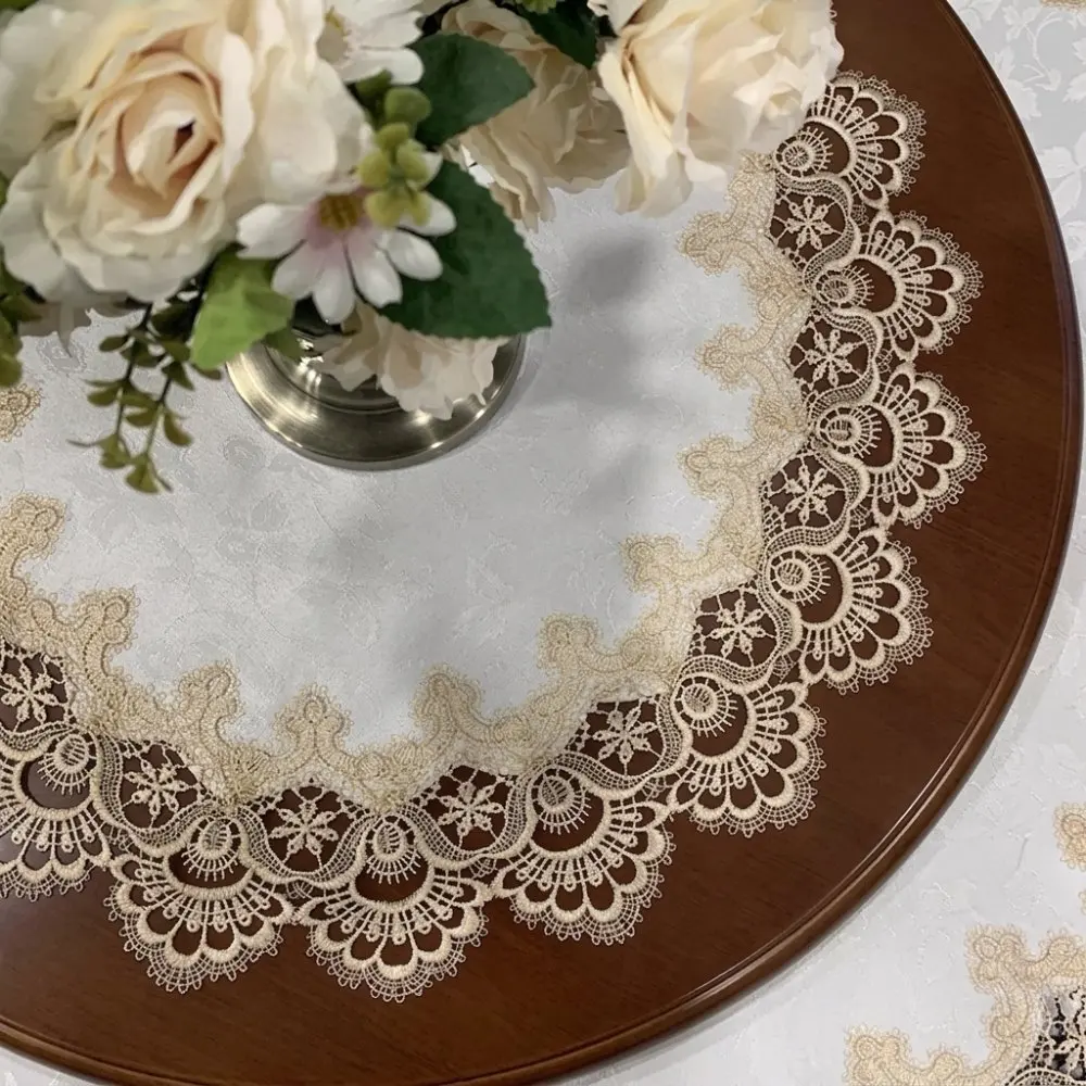 American Style Floral Lace Round Tablecloth Polyester Fabric Dustproof Decorative Dining Table Mat Home Decoration