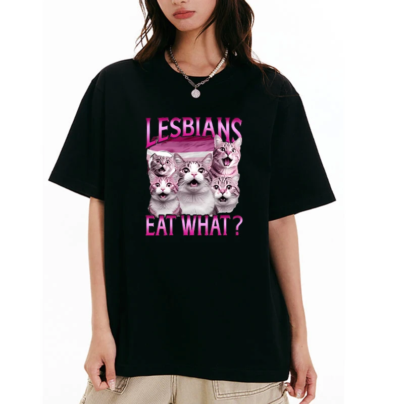 

Funny Ironic Meme Cat Graphics Lesbians Eat What printed short sleeve T-shirts Men Women Cotton vintage Casual O-Neck Top Unisex