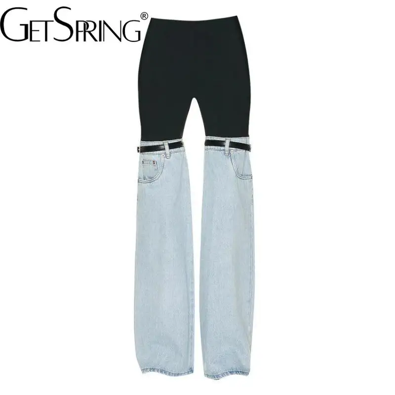 Getspring Women Pants Capris Jeans 2023 Spring Denim Stitched High Waist Straight Pants Fashion Long Ladies Trousers New Arrival