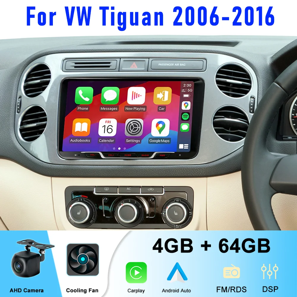 

9" 4+64GB For Volkswagen Tiguan 2006-2016 Car Radio Wireless Carplay Android 15 Auto Stereo Head Unit Canbus FM BT