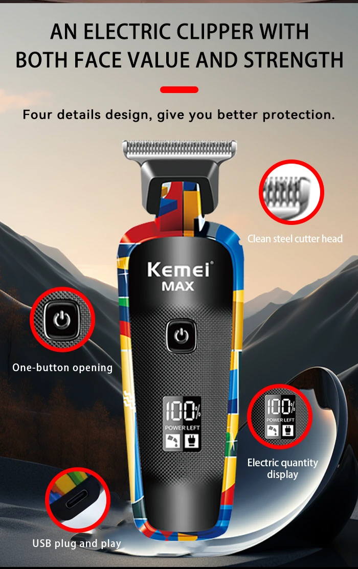 Kemei KM-Max5090 Elektrischer Haarschneider, professioneller USB-Rasierer mit LED-LCD-Digitalanzeige, modisches Graffiti-Design – Detail 9
