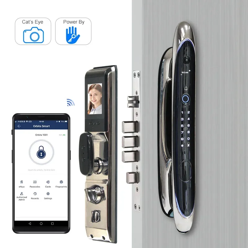 

008 Orbita Stainless Steel External Intelligent Wifi Camera TT Biometric Digital Smart Door Lock Face Recognition With Fingerpri
