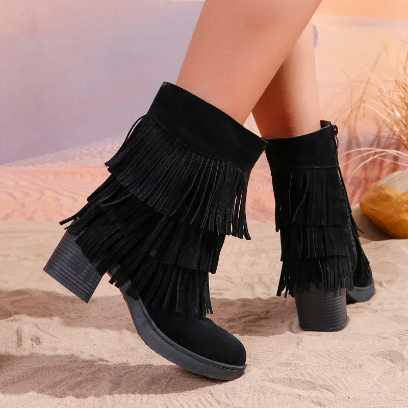 Chelsea Tassels High Heels Ankle Boots Fashion Women Shoes Suede Platform Snow Boots Women 2024 Trend Chunky Goth Botas Mujer