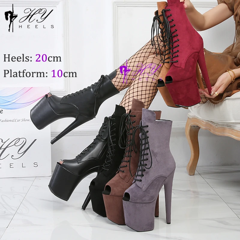 Black Suede 20CM/8 Inches Sexy Pole Dance Ankle Boots High Heels Nightclub Catwalk Platform Striptease Shoes Round Toe