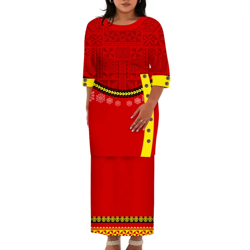 Women'S Round-Neck Dress Set Puletasi Red Clothing Set Pacific Art Island Retro Pattern Party Celebration Evening Dress