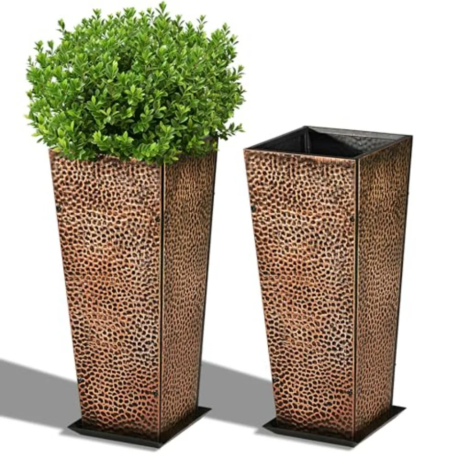 

2-Pack 24 Tall Metal Planter for Outdoor Indoor Garden Hand-Hammered Textured Bronze Flower Pots Box with Saucer Pre-Drilled Dr