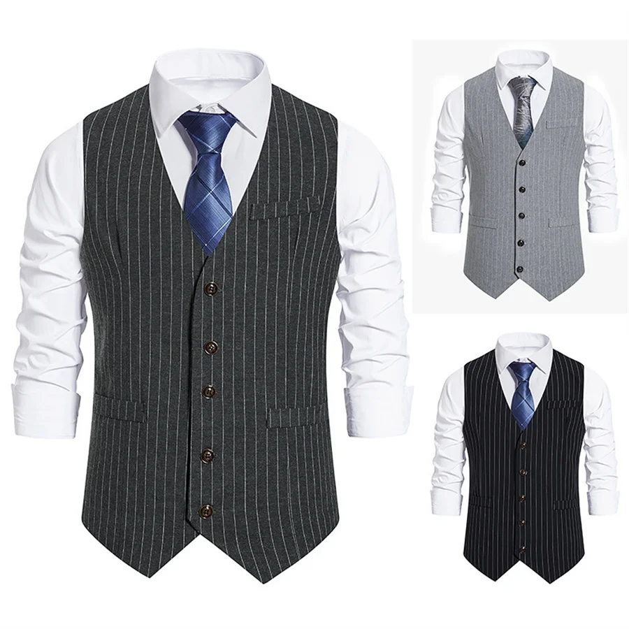 

Men's Striped Suit Vest V Neck Slim Fit Sleeveless Waistcoat Formal Business Dress Vests Classic Groomsman Gilet Men Clothes