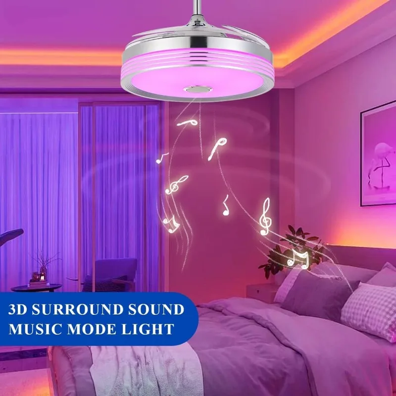 48 inch Modern Retractable Ceiling Fan with Lights and Remote Control, 6Speed Dimmable Fandelier, Smart Ceiling Fan Light with B