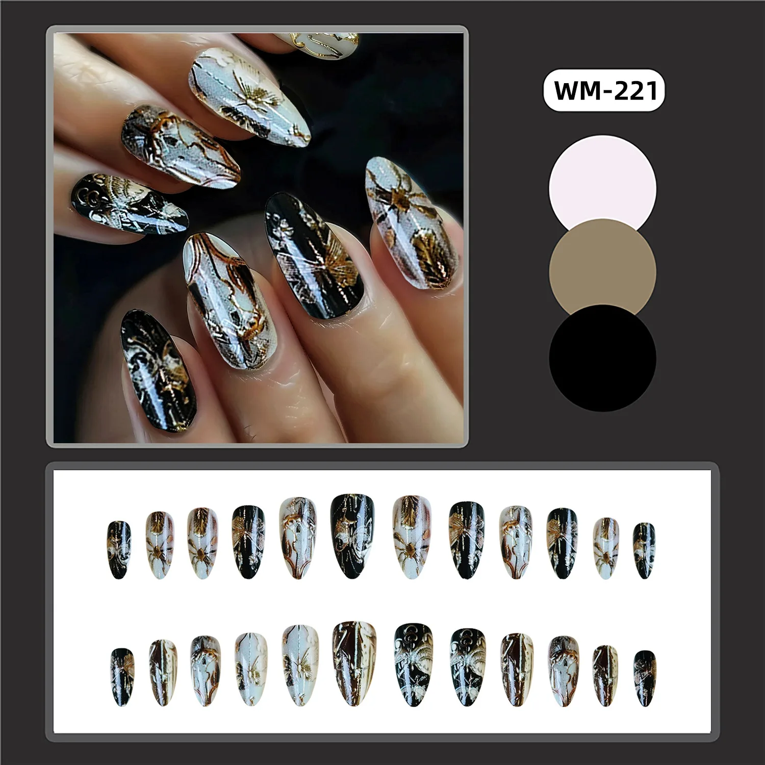 24 pçs europeu preto ouro unhas falsas moda flor padrão imprensa em unhas wearable reutilizáveis dicas de unhas falsas para mulher menina
