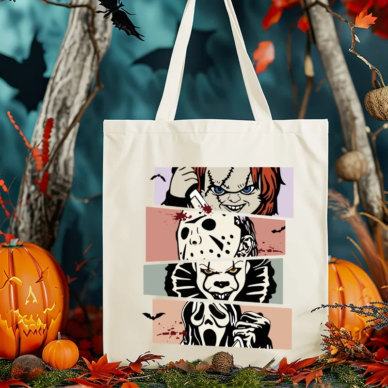 Borsa tote in tela con film horror di Halloween, borsa a tracolla durevole di grande capacità per feste, picnic, viaggi, elegante decorazione