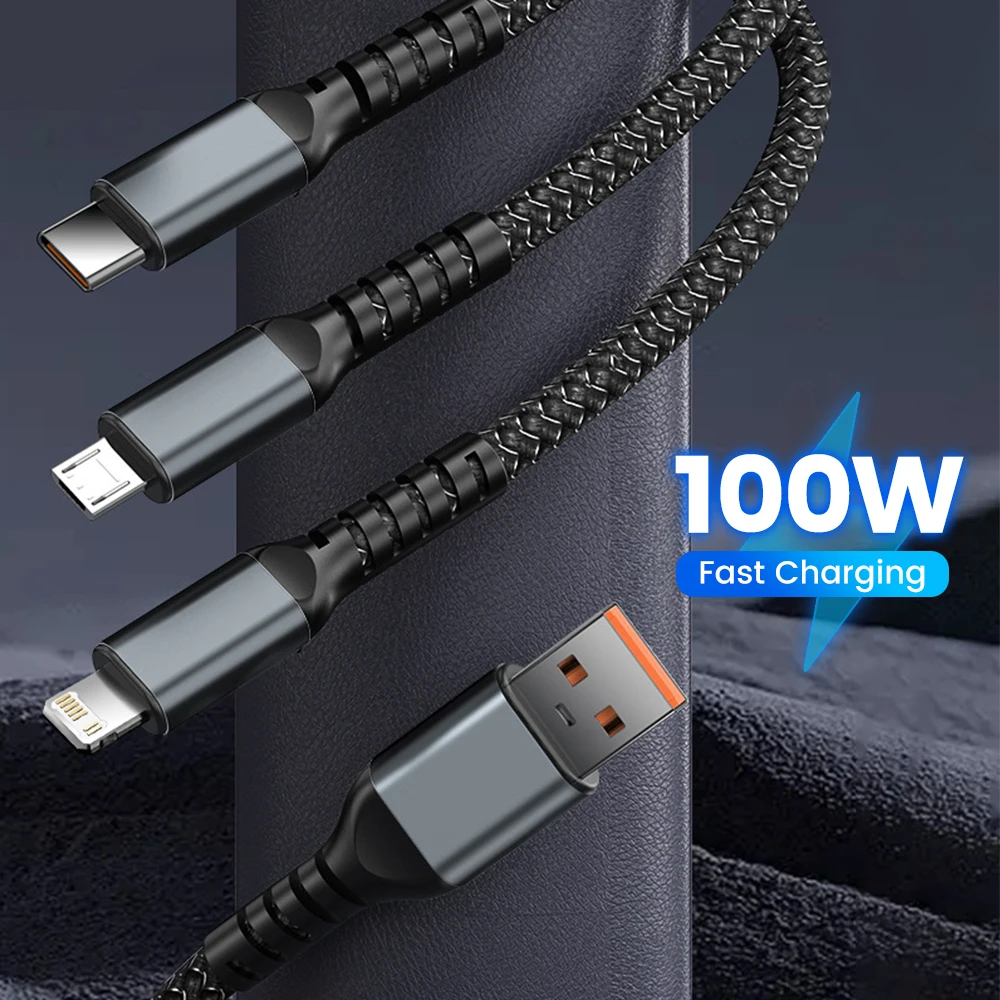 Cable de carga rápida 3 en 1, Cable Micro USB tipo C de 100W para iPhone, Realme, Samsung, Huawei 50 pro