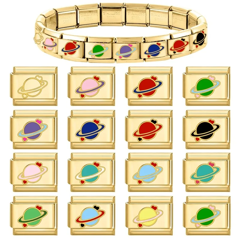 New Y2K Gold Color Seaside Sunrise Colorful Planet Italian Charm Link Fit 9mm Stainless Steel Bracelet Women Men DIY Making Gift