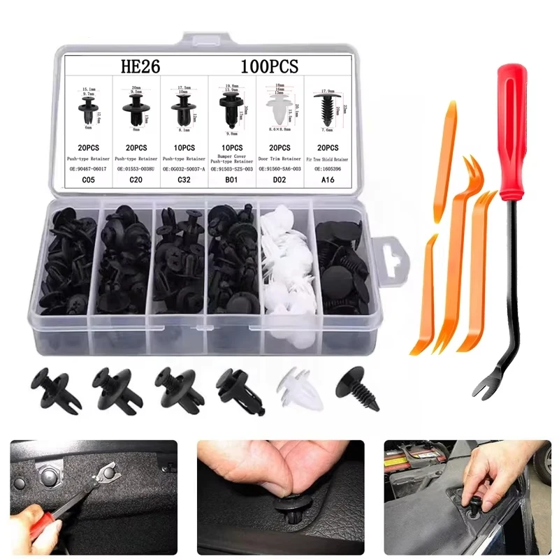 Auto Fastener Clip Kit 100pcs Fender Rivet Clips CarBody Push Retainer Pin Rivet Bumper Door TrimPanel Retainer Car Clips