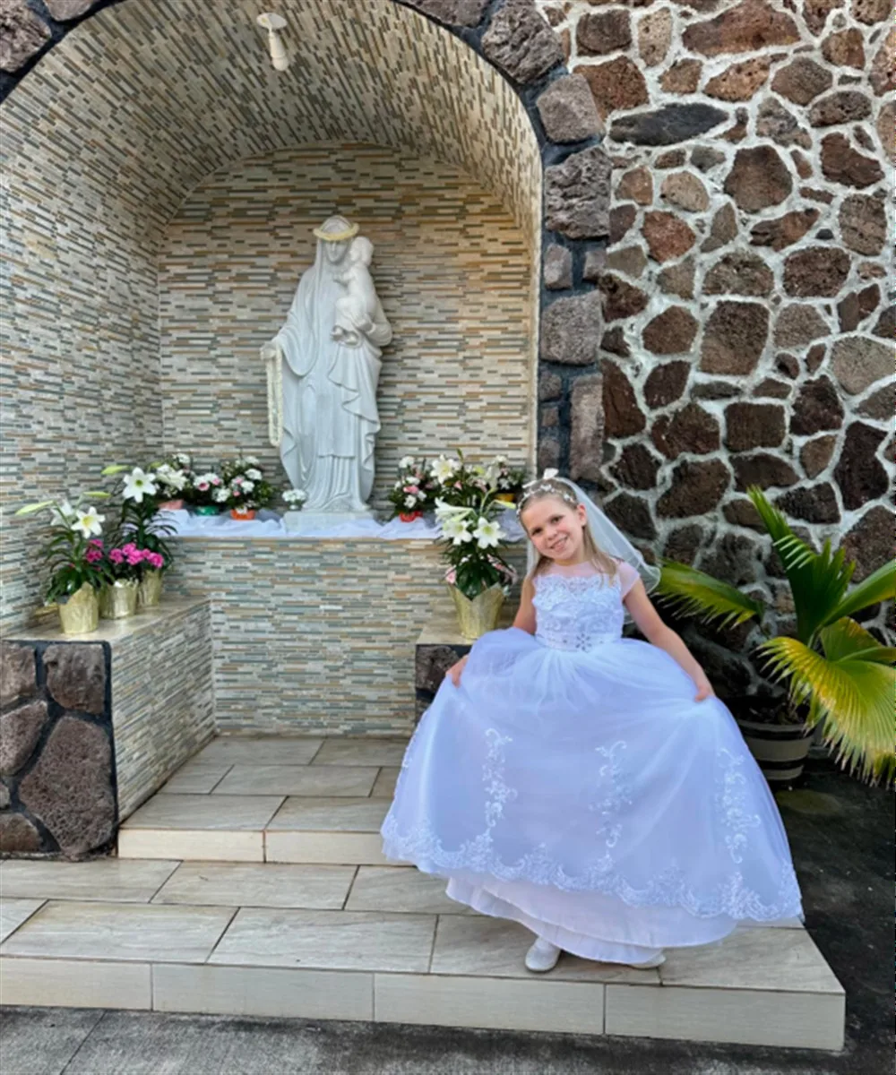 

White Lace Flower Girl Wedding Dress Appliques Beading Bow Princess Birthday Party Gown Kids First Communion Baptism Dress