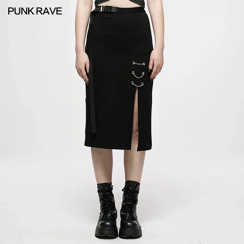 

PUNK RAVE Women's Punk Daily Dark Minimalist Chain-embellished Long Skirt Casual Personality Front Side Slit Mid-length Skirts