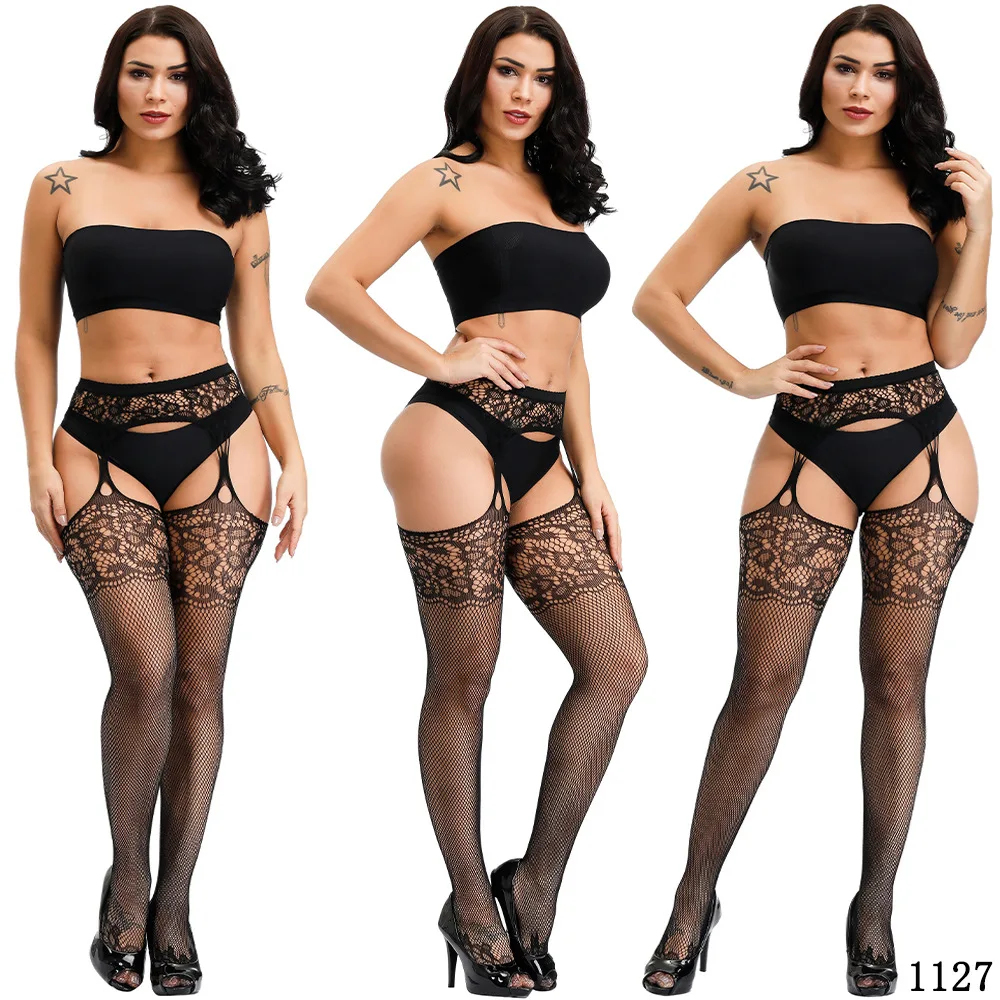 Sexy Plus Women Sexy Fishnet Stockings With Garter Belt High Waist Transparent Elastic Tight Lingerie Mesh Pantyhose Open Crotch