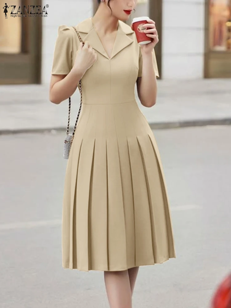 فساتين ZANZEA مقاس كبير أنيقة على شكل حرف a للسيدات موضة رقبة على شكل طية صدر السترة وخصر عالٍ ميدي مطوي فيستدوس بأكمام منتفخة