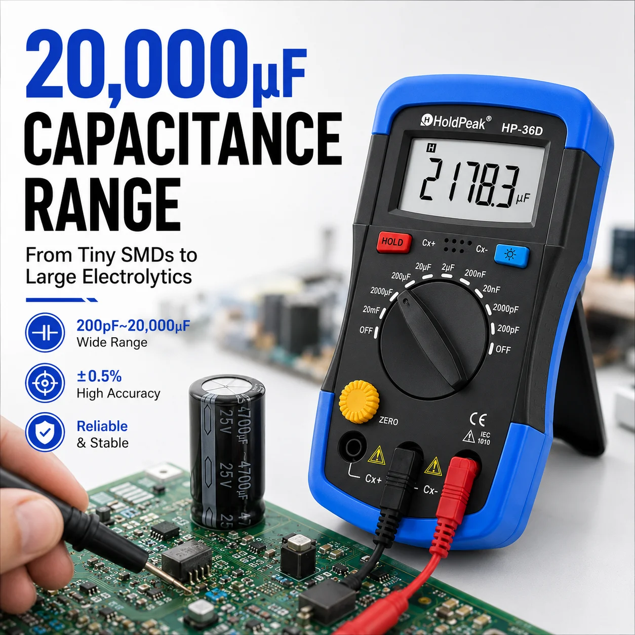 Digital Capacitance Meter 200pF-20mF High Precision Capacitor Tester, 1999 Counts Backlit LCD Handheld Capacitance Checker