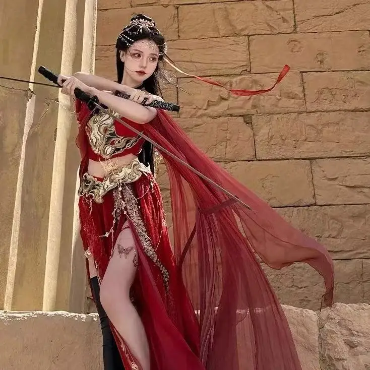 Exotic Goddess Dunhuang Red Fire Festival Arabian Princess Costumes for Cosplay Party Halloween Indian Belly Dance Dress Hanfu