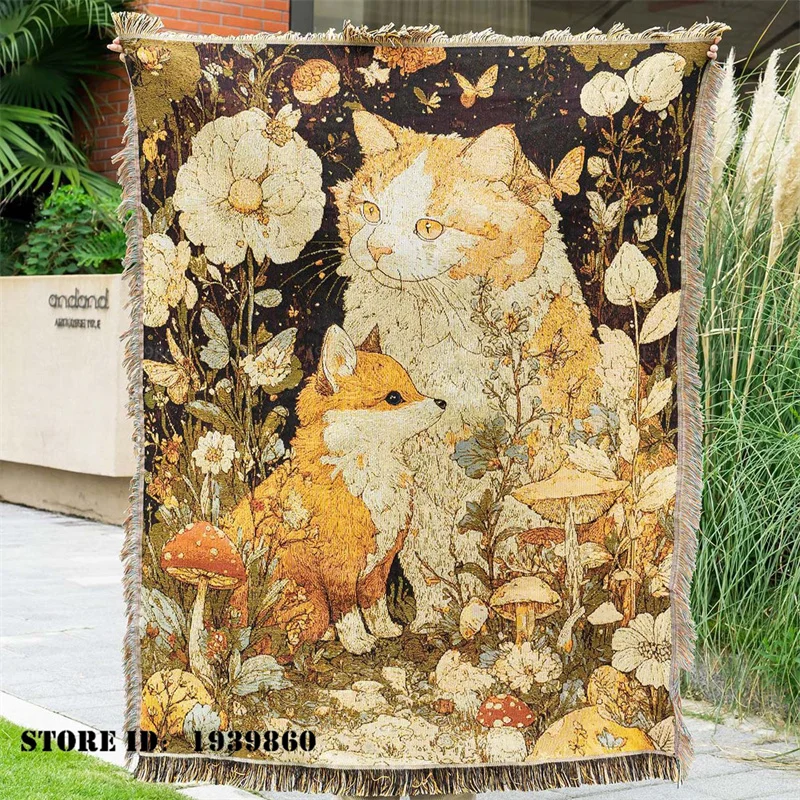 Retro Cat Poncho Scarf Wrap Throw Blankets Cartoon Animal Camping Picnic Mat Tapestry Home Decoration Multi Functional Blanket