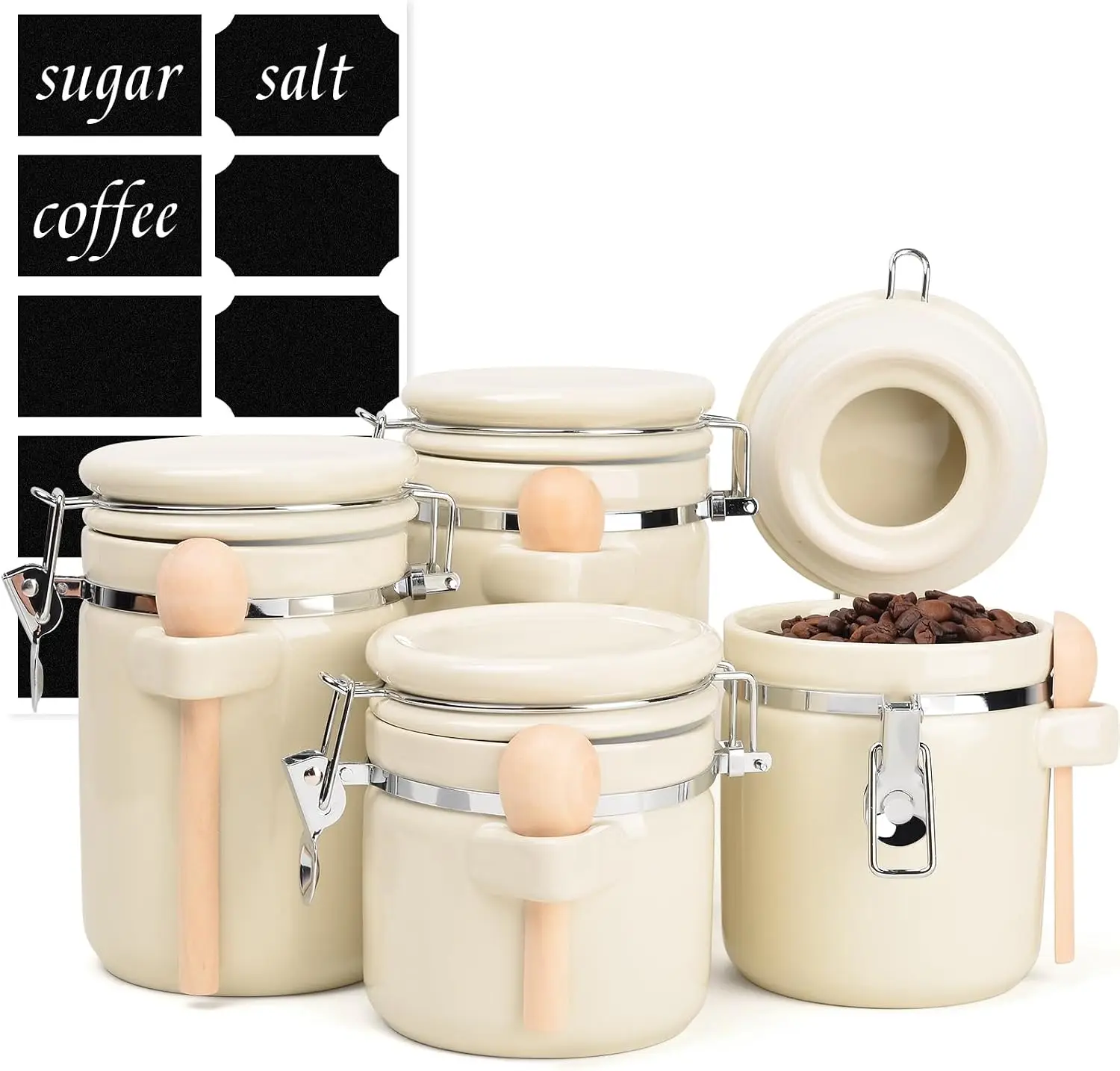 Airtight Ceramic Canister Set, 4 Piece Kitchen Storage Containers with Attached Wooden Spoon and Reusable Chalk Labels, Cream, for Dry Goods, Sugar, Coffee, Tea